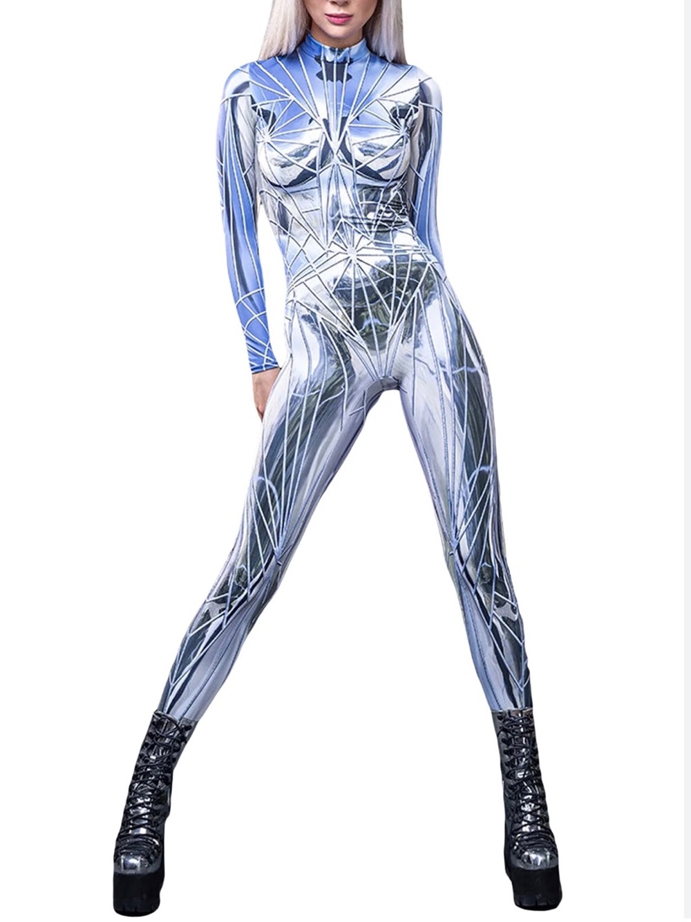 BADINKA Catsuit Jumpsuit Small UV Reactive Glow Festival Rave Cyber Zip Bodysuit